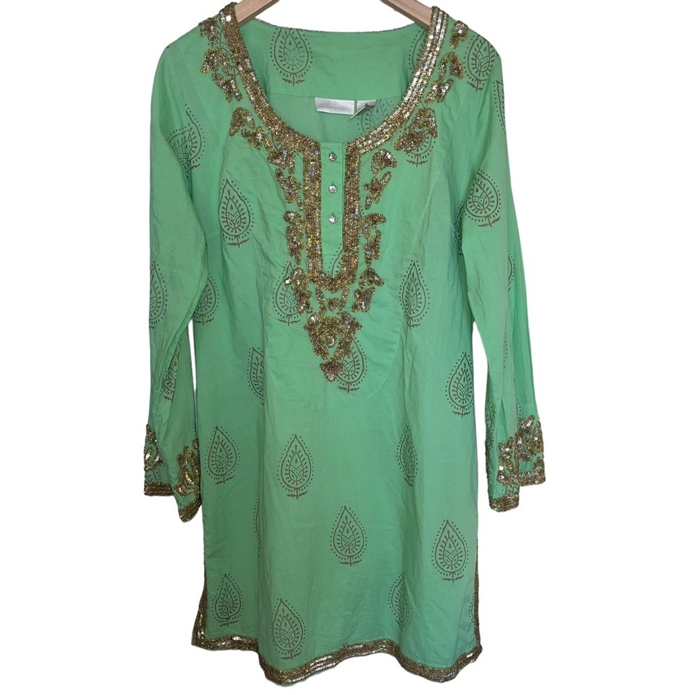Soft surroundings green gold beaded tunic top Size M